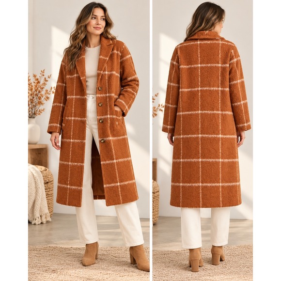Old Navy Jackets & Blazers - Old Navy Womens Long Windowpane Plaid Coat Rust Orange Boucle Overcoat Large